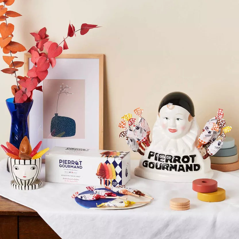 Buste porte-sucettes + Etui 40 sucettes assorties fruits et caramel - Pierrot Gourmand