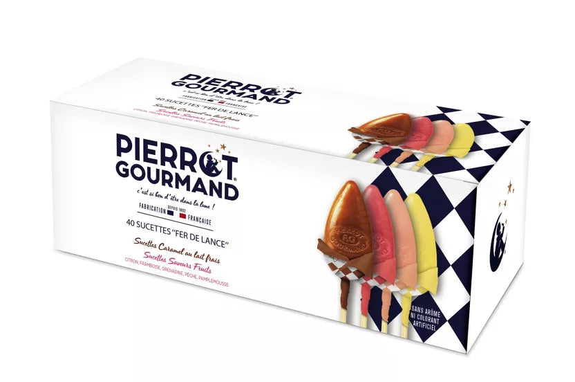 Buste porte-sucettes + Etui 40 sucettes assorties fruits et caramel - Pierrot Gourmand